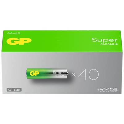Publicité graphique pour les piles GP Super Alkaline : emballage vert avec une pile AA individuelle, indication « x40 » et « +50% MORE POWER ».