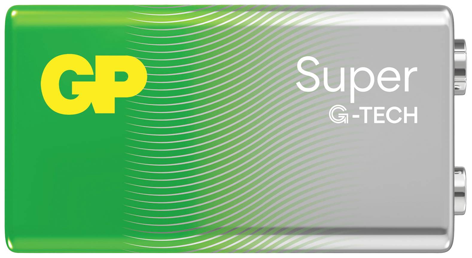 Batterie GP Super G-Tech avec boîtier vert et argenté et connecteurs de contact sur le côté droit.