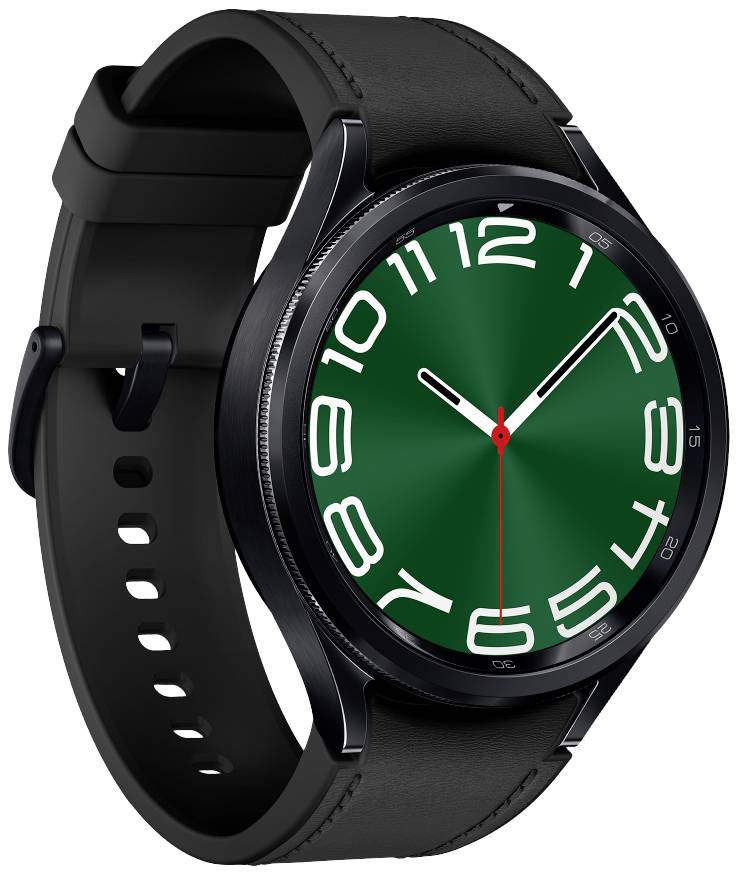 Montre intelligente moderne noire avec un cadran rond, un fond vert et des chiffres blancs. L'aiguille rouge pointe sur 2 heures.