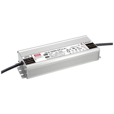 Alimentation LED HLG-320H-54A de Mean Well, rectangulaire, avec ailettes de refroidissement, câbles d'entrée et de sortie. Adaptée aux applications industrielles.