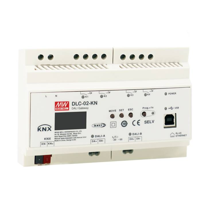 Une passerelle DALI de MEAN WELL référencée DLC-02-KN. L'appareil est blanc, dispose de plusieurs connexions et d'indicateurs LED.