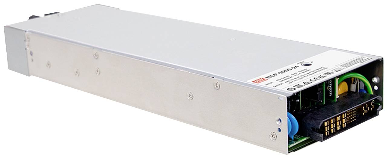 Un bloc d'alimentation rectangulaire argenté de MEAN WELL avec des connexions apparentes et des étiquettes sur le dessus.