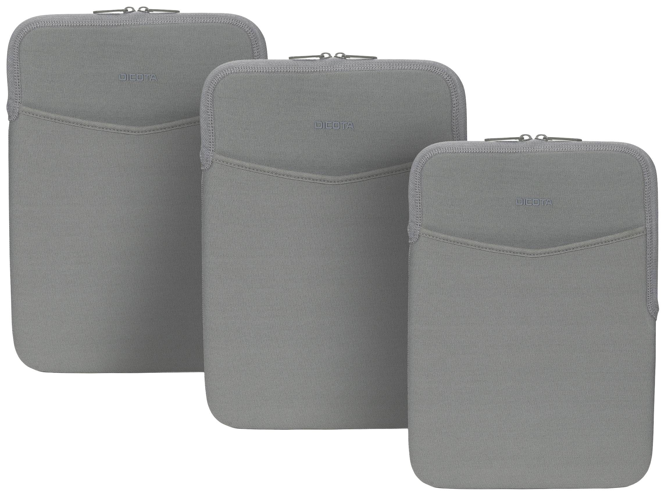 Sacs pour ordinateur portable gris en tissu, présentés côte à côte dans trois tailles différentes.