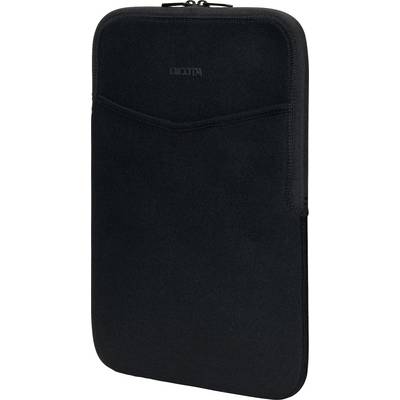 Une housse de protection noire et étroite adaptée aux tablettes ou petits ordinateurs portables. Le tissu semble robuste, avec une fermeture à glissière en haut.