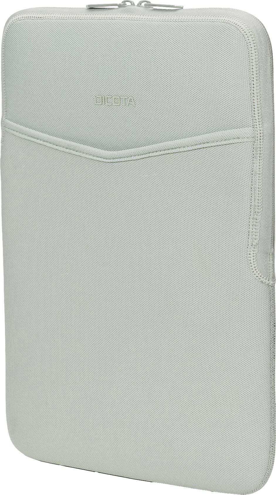Une housse de protection gris clair avec fermeture éclair, conçue pour les ordinateurs portables. La housse présente une surface simple et élégante, sans détails particuliers.