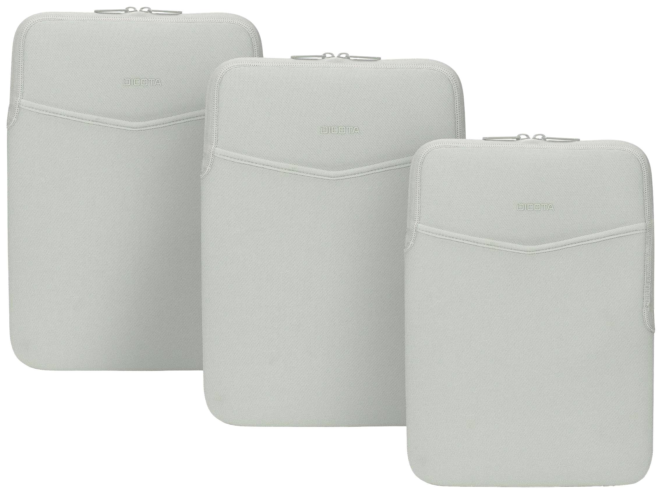 Trois étuis de protection pour ordinateurs portables gris de différentes tailles, disposés côte à côte. Surface lisse avec fermetures à glissière.
