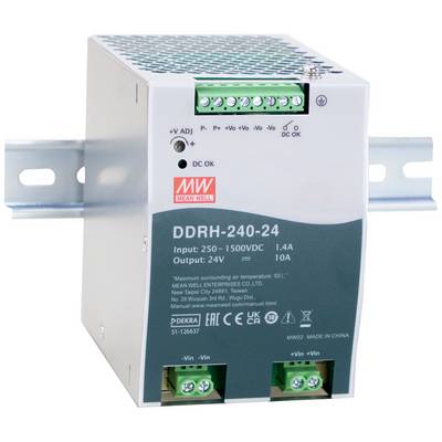 Convertisseur de tension monté sur rail DIN avec spécifications techniques : Entrée 250-1500V, Sortie 24V, 10A, 1,4A, Modèle DDRH-240-24.