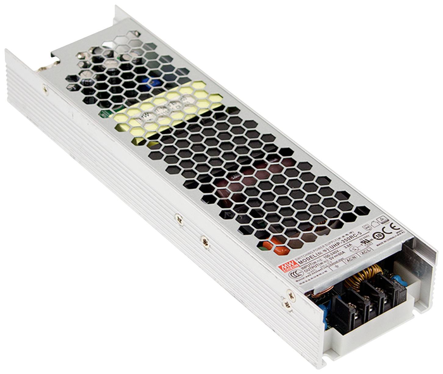 Un bloc d'alimentation rectangulaire avec ventilation en nid d'abeille et plusieurs ports pour appareils électroniques.