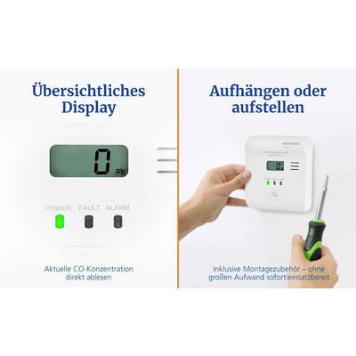 « Affichage clair » à gauche, montrant les voyants de puissance, de défaut, d'alarme et la concentration de CO. « Suspendre ou installer » à droite, illustrant la configuration avec un tournevis.