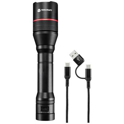 Lampe de poche noire avec anneau rouge et port USB, à côté d'un câble Micro-USB avec connecteur USB.