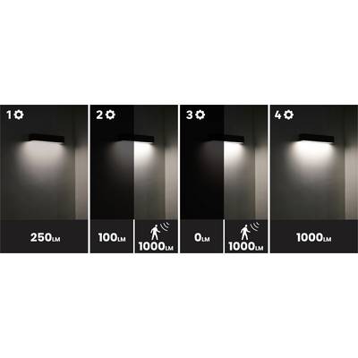 'L'image montre quatre modes d'éclairage. 1 : 250 lumens. 2 : 100 lumens avec détecteur de mouvement 1000 lumens. 3 : Éteint avec détecteur de mouvement 1000 lumens. 4 : 1000 lumens.'