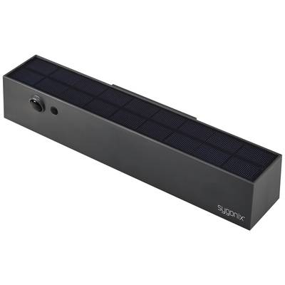 'Caméra de surveillance solaire noire avec un panneau solaire rectangulaire sur le dessus et un objectif de caméra à l'avant. Inscription 'sygonix'.'