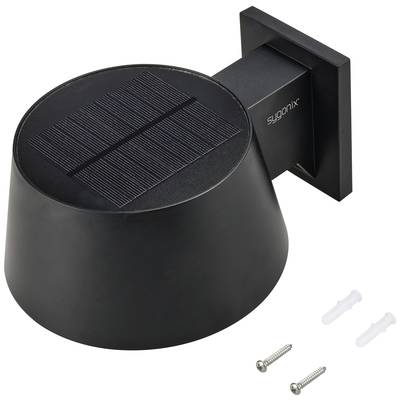 Applique solaire noire avec petit panneau solaire et accessoires de fixation.