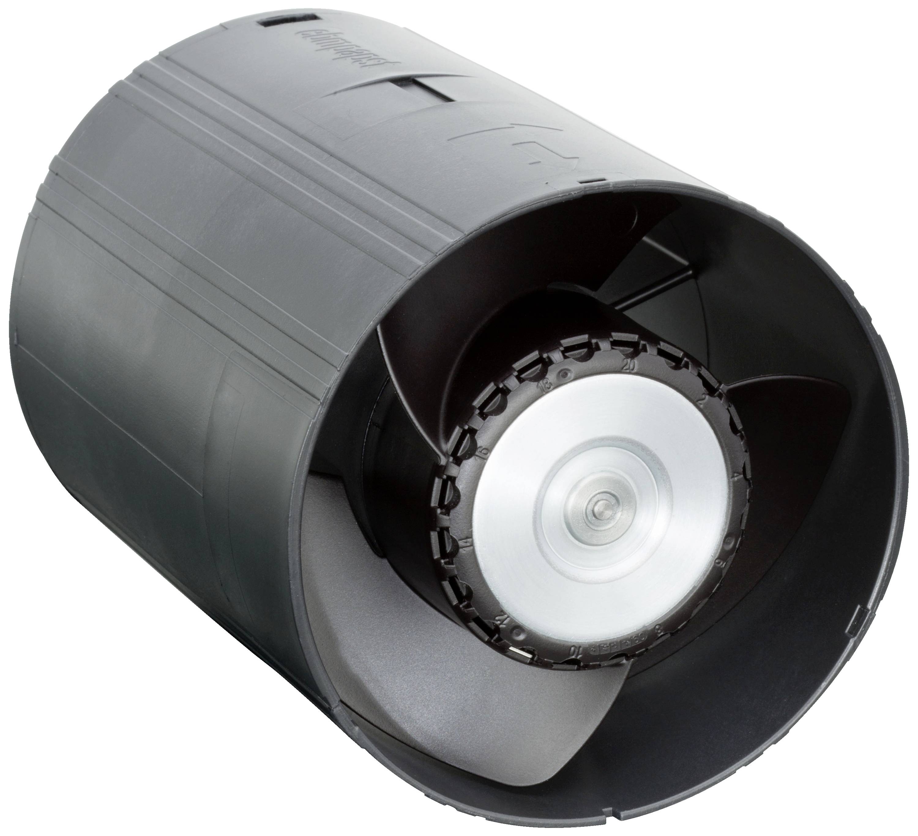 Un ventilateur noir, cylindrique, avec des pales de rotor visibles, disposé horizontalement. Utilisé dans les systèmes de ventilation.