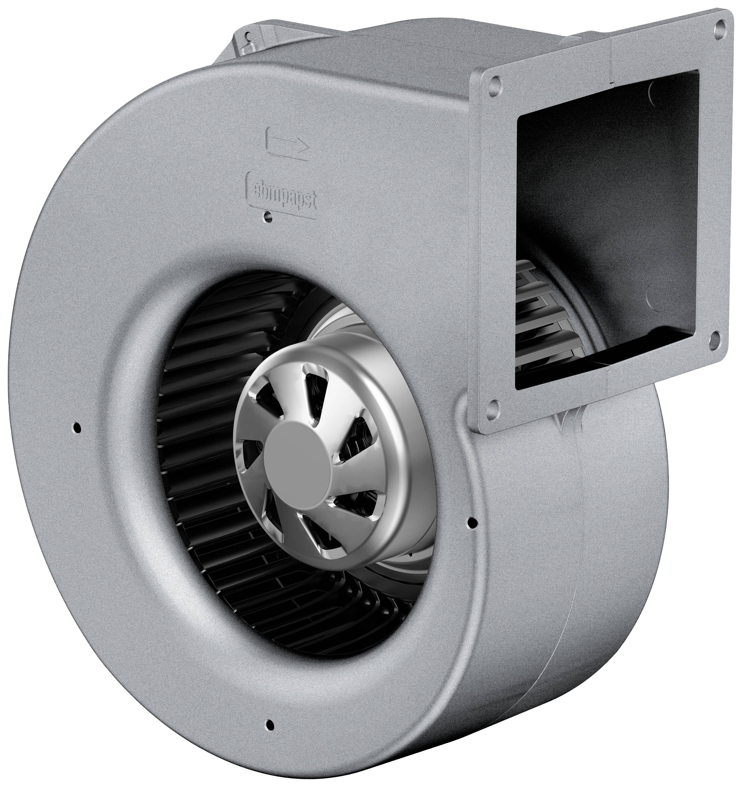 Un ventilateur radial métallique avec une grande entrée et une sortie rectangulaire, souvent utilisé pour la circulation de l'air dans les systèmes de chauffage.