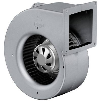 Un ventilateur radial métallique avec une grande entrée et une sortie rectangulaire, souvent utilisé pour la circulation de l'air dans les systèmes de chauffage.