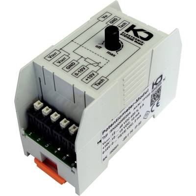 Module potentiomètre avec bouton d'ajustement, connexions d'entrée/sortie étiquetées et spécifications sur le côté. Utilisé pour le contrôle électrique.