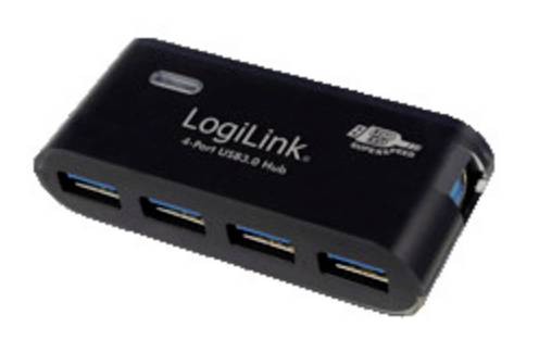 Un hub USB noir de LogiLink avec quatre ports USB 3.0 à l'avant.