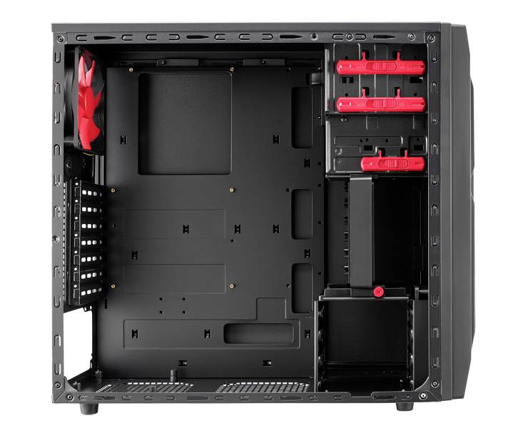 Boîtier d'ordinateur noir, vue ouverte. À l'intérieur, des ventilateurs rouges et des baies de lecteurs sont visibles, adaptés aux configurations PC personnalisées.