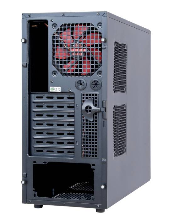 Face arrière d'un boîtier d'ordinateur PC avec une fenêtre transparente, ventilateur en haut, emplacements pour cartes d'extension et baies libres pour lecteurs.
