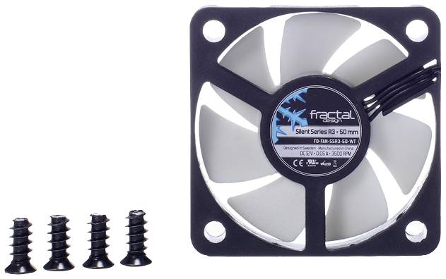 Un ventilateur de boîtier de 50 mm de Fractal Design, modèle Silent Series R3, à côté de quatre vis de fixation.