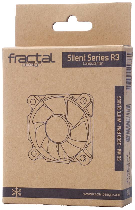 Ventilateur de boîtier Fractal Design Silent Series R3 de 50 mm, 3500 tr/min, à ailettes blanches, illustré sur un carton brun.