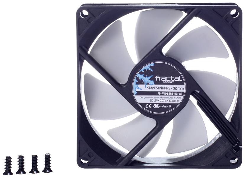 Un ventilateur d'ordinateur noir de la marque Fractal, modèle Silent Series R3, avec quatre vis de montage. Adapté pour les emplacements de ventilateurs de 92 mm.