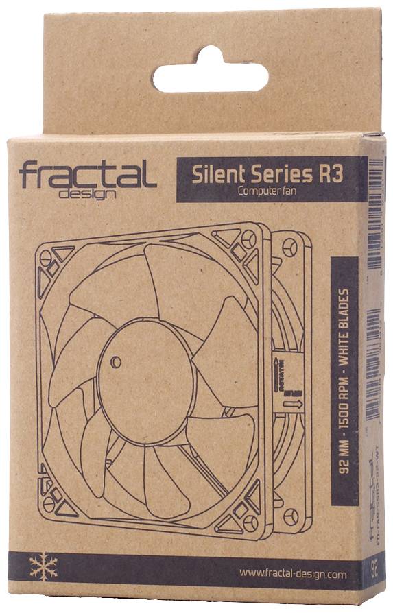 Emballage en carton d'un ventilateur d'ordinateur 'Série Silencieuse R3' avec une illustration du ventilateur et des informations textuelles sur le modèle et les spécifications.