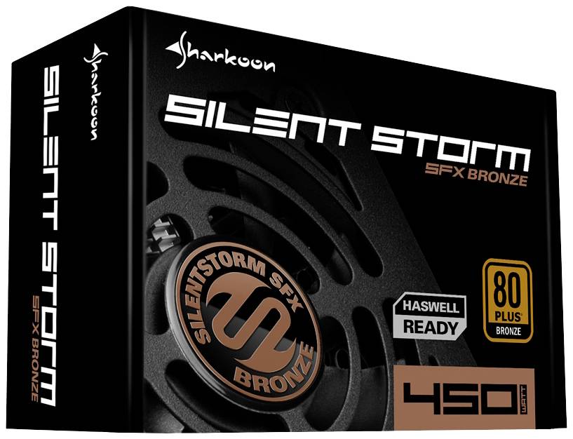 'Emballage d'un bloc d'alimentation Sharkoon SilentStorm SFX Bronze 450 Watts, compatible Haswell, certifié 80 Plus Bronze pour une haute efficacité énergétique.'