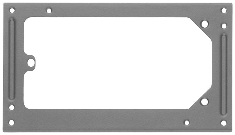 Plaque métallique avec découpe rectangulaire, deux trous ronds et deux trous ovales aux coins, servant de support de montage.