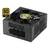 Bloc d'alimentation PC noir certifié "80 Plus Gold", montrant le ventilateur et différents ports. Marqué pour une alimentation électrique efficace.