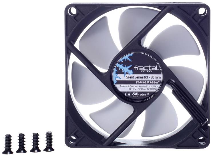 Voici la traduction en français :<br><br>« Fractal Silent Series R3 80 mm Ventilateur. » Un ventilateur d'ordinateur de 80 mm avec des vis, adapté au refroidissement à l'intérieur des boîtiers d'ordinateur.