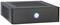 Un boîtier noir de mini-PC avec une grille sur le dessus et un bouton d'alimentation bleu lumineux sur l'avant.