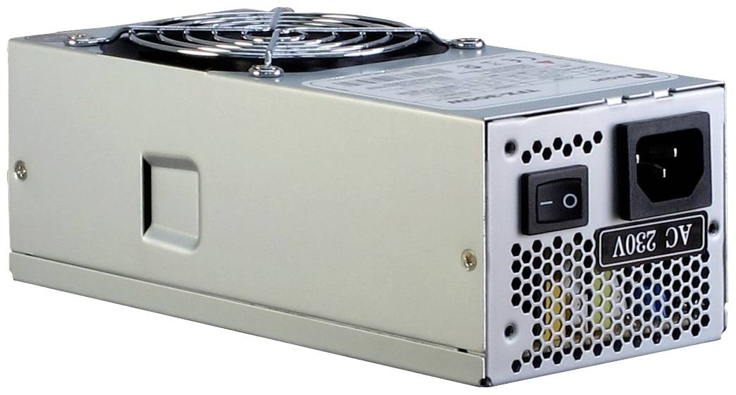 Bloc d'alimentation gris pour ordinateur avec ventilateur sur le dessus, interrupteur marche/arrêt et connexion secteur AC 230V à l'arrière.