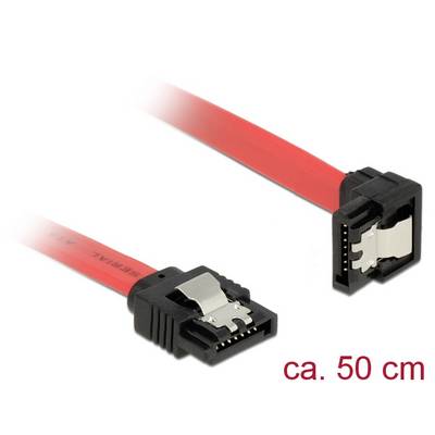 Un câble SATA rouge avec des connecteurs noirs, d'environ 50 cm de long, utilisé pour connecter des disques durs ou des SSD à une carte mère.