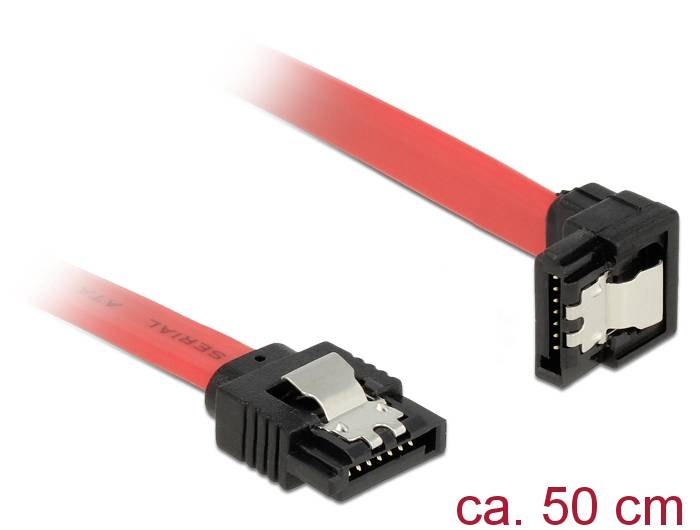 Un câble SATA rouge avec des verrous à chaque extrémité, d'une longueur d'environ 50 cm. Adapté pour la connexion de disques durs dans un ordinateur.