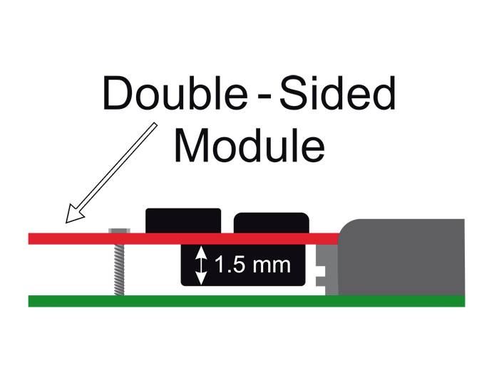 Le diagramme du 'Module Double Face' montre un module avec un espacement de 1,5 mm entre la ligne rouge et la ligne verte, avec des parties grises à côté.