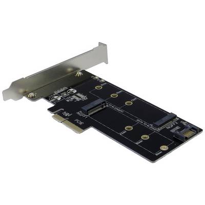 Carte adaptateur PCIe avec emplacements M.2 pour SSD NVMe ou SATA, montée sur un support métallique.