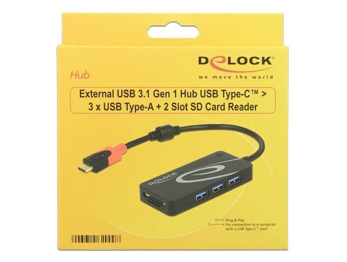 'Emballage d'un hub USB avec 3 ports USB-A et 2 emplacements pour cartes SD, compatible USB-C, illustré sur un fond jaune.'
