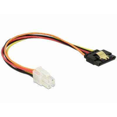 Un câble adaptateur d'alimentation SATA avec une fiche blanche à 4 broches et une fiche noire à 15 broches, reliées par des fils rouges, noirs et jaunes.