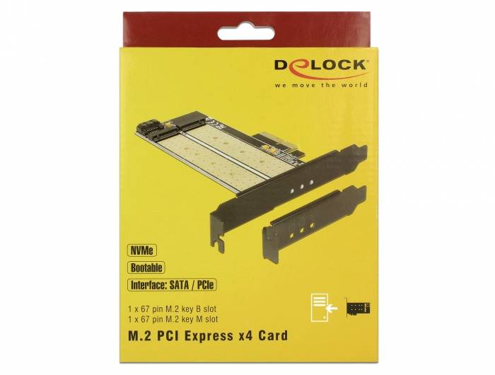 Emballage de la carte PCI Express x4 DELOCK M.2 présentant la carte avec NVMe, amorçable, interface SATA/PCIe et deux emplacements M.2.