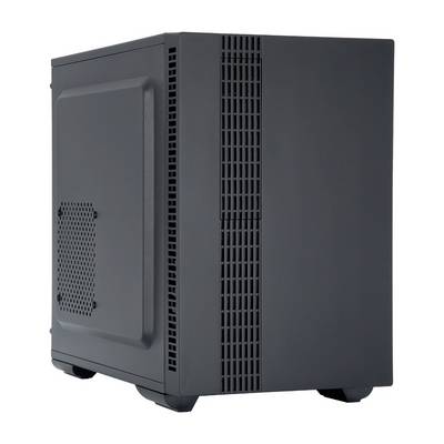Un boîtier d'ordinateur noir avec grille de ventilation latérale et ventilation frontale. Adapté pour les ordinateurs de bureau.