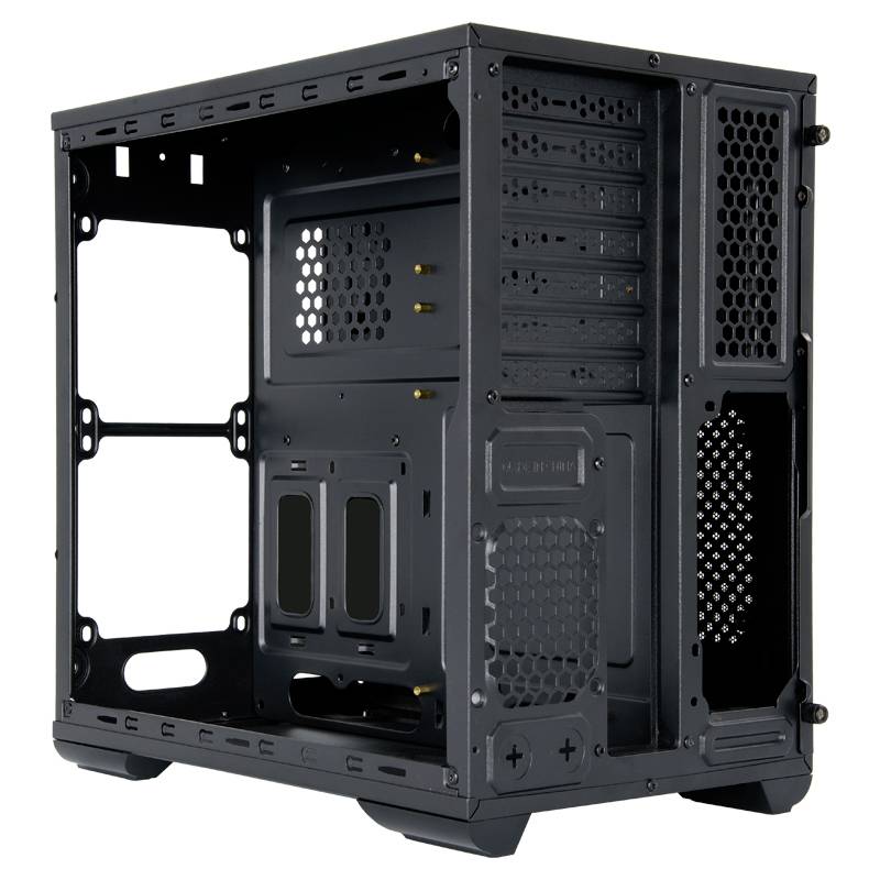 Un boîtier d'ordinateur vide et ouvert sans composants. Il montre l'intérieur avec des supports pour disques durs et ventilateurs.
