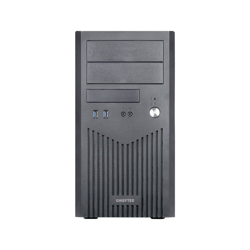 Boîtier d'ordinateur noir avec plusieurs ports frontaux, comprenant des ports USB et des prises audio. Des baies de lecteurs optiques sont visibles.