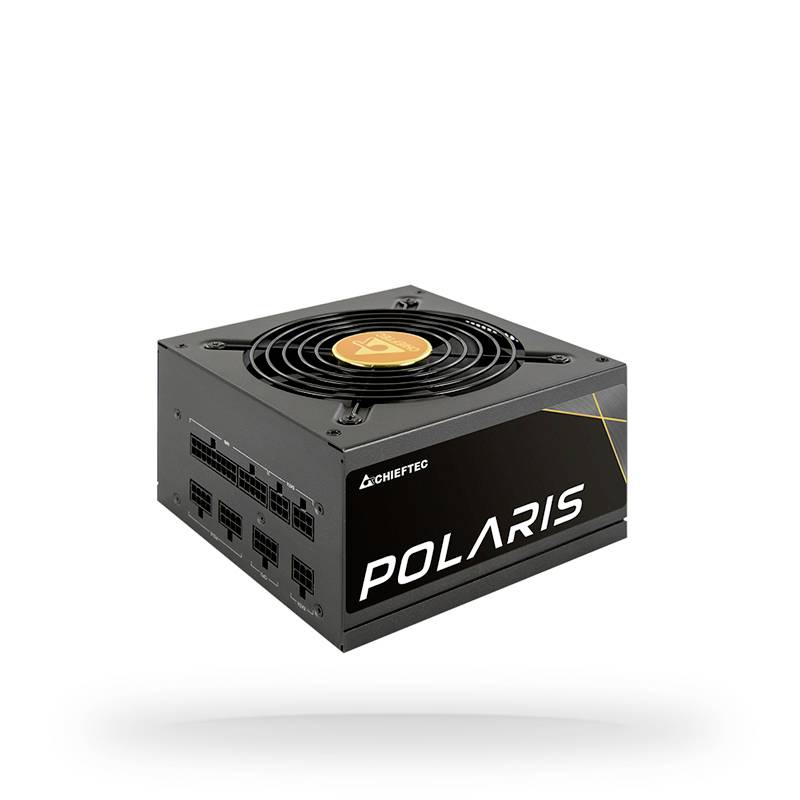 Bloc d'alimentation noir avec un grand ventilateur et l'inscription 'Polaris'. Plusieurs connexions sont visibles sur le côté.
