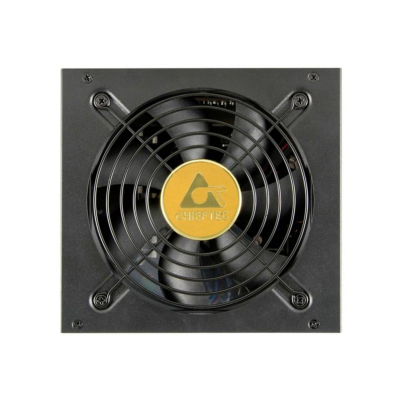 Bloc d'alimentation Chieftec noir avec ventilateur et logo jaune au centre.