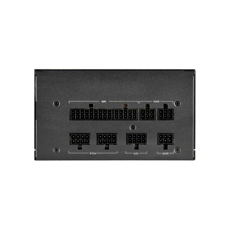 Arrière d'une alimentation avec des connecteurs modulaires pour composants PC, identifiés pour les connexions SATA et PCIe.