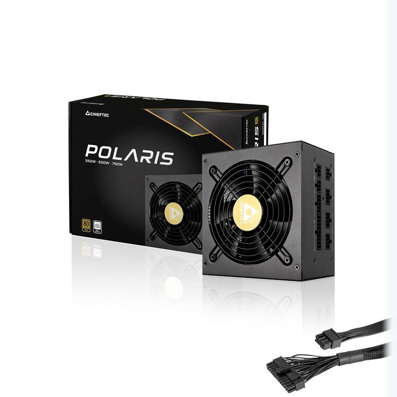 Bloc d'alimentation noir avec ventilateur, connexions de câbles et logo 'POLARIS'. L'emballage présente la marque et les spécifications '850W - 750W - 650W'.