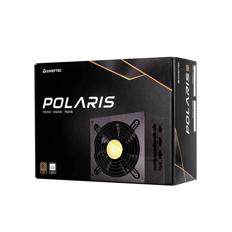 Un emballage d'une série d'alimentations Chieftec Polaris, illustré avec le nom de produit 'POLARIS' et les puissances 550W, 650W, 750W.