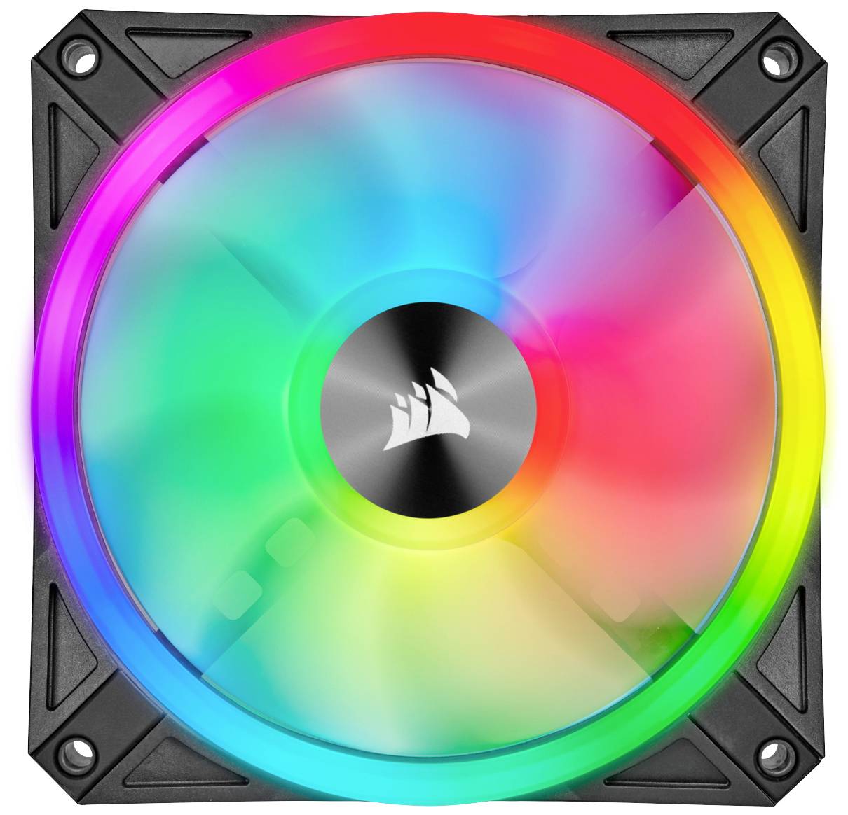 Un ventilateur d'ordinateur avec des lumières LED multicolores formant un motif arc-en-ciel, logé dans un boîtier noir carré.